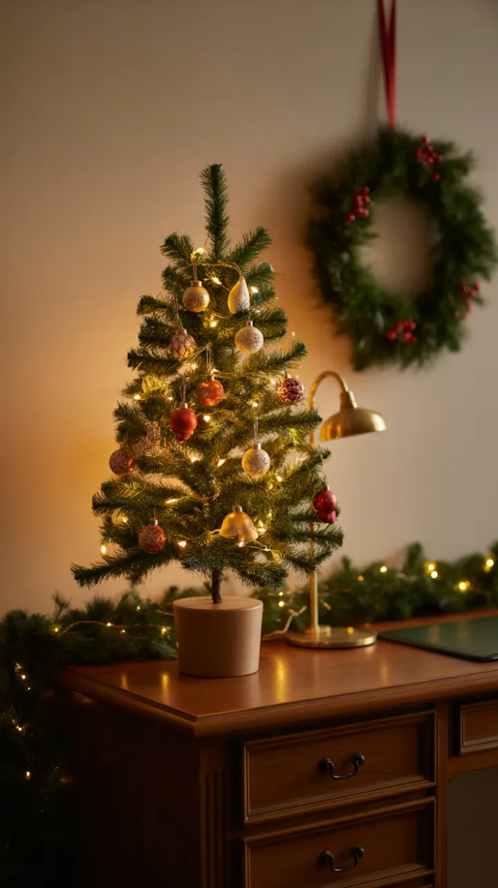 Lamp Lit Miniature Christmas on a Wooden Desk