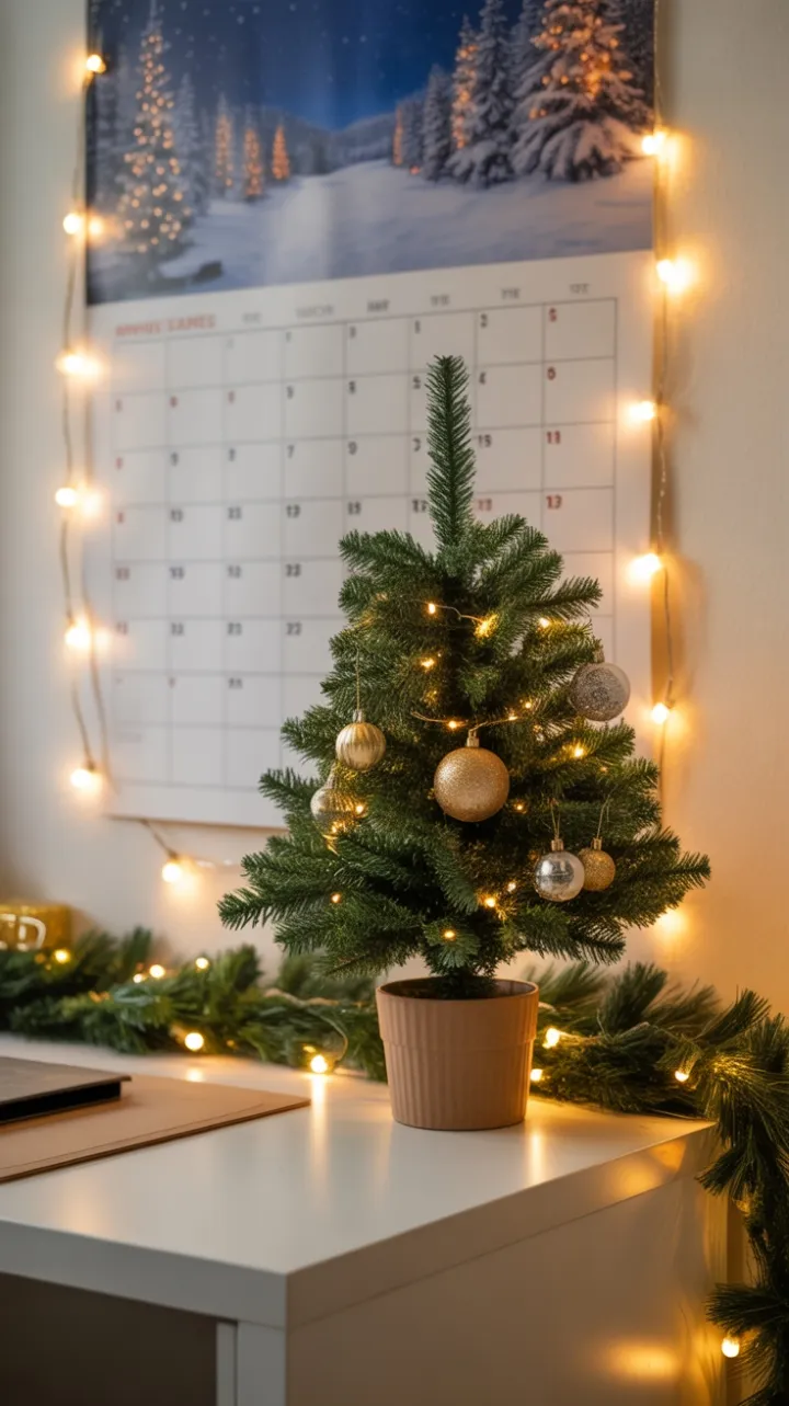 Warm Holiday Desk with Mini Evergreen, Garland and Twinkling Lights