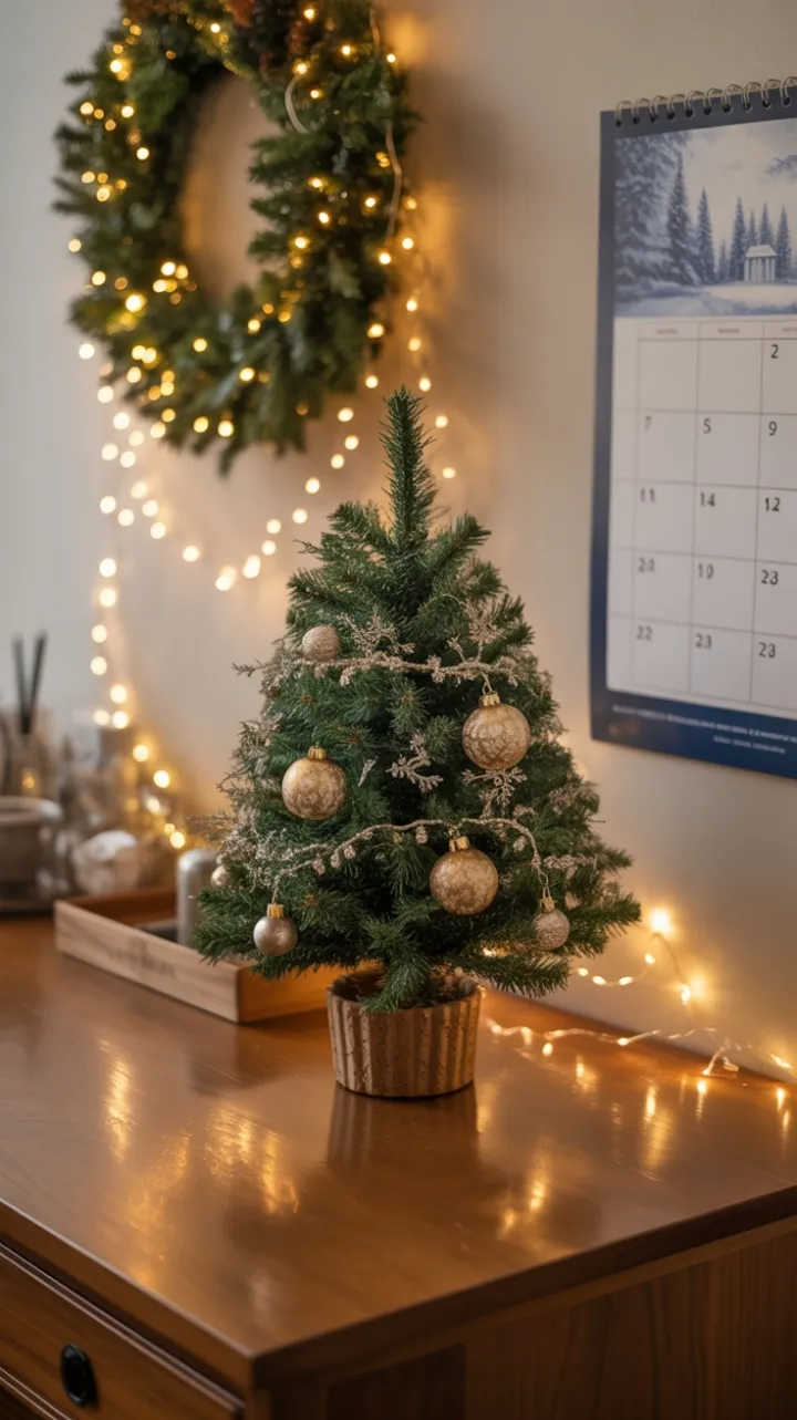 Cozy Christmas Desk with Antique Gold Ornaments and Twinkling Lights