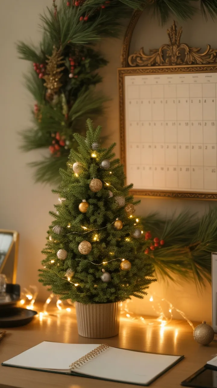 Cozy Office Christmas with Mini Fir and Brass Calendar