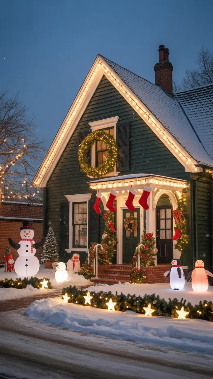 Victorian House Aglow in Warm Christmas Lights and Gentle Snow