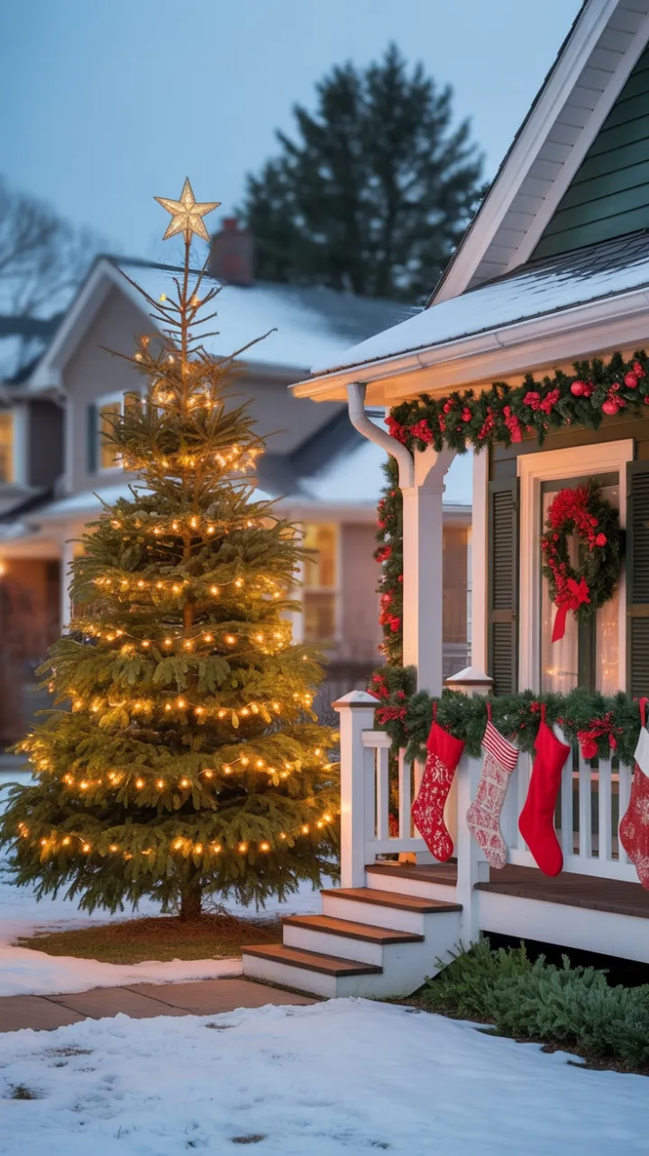 Star-Topped Evergreen and Stockings on a Snow-Kissed Christmas Home