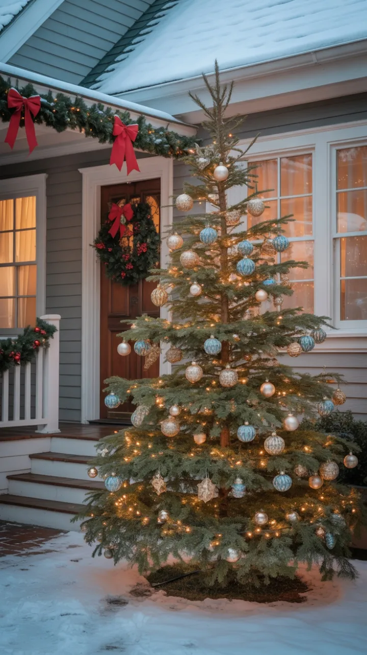 Snowy Christmas Welcome in Blue Gold and Warm Light
