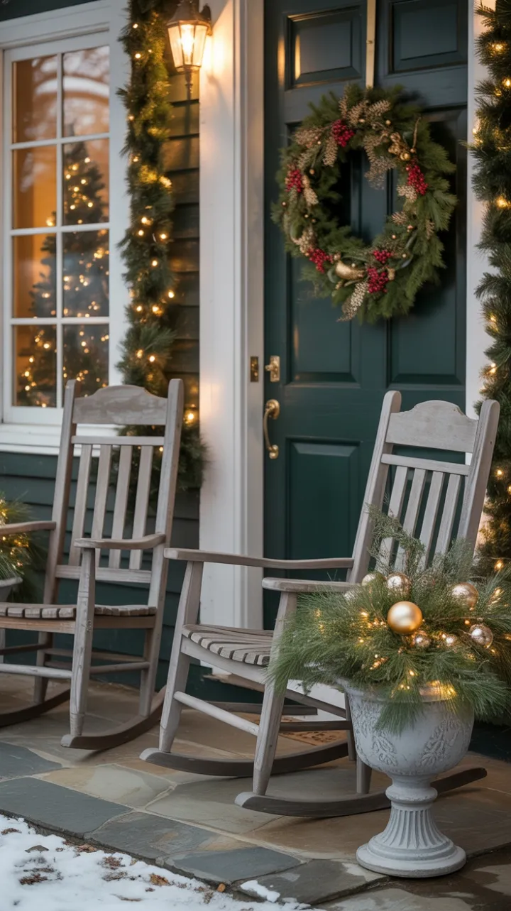 Snow-Kissed Holiday Porch with Wreath, Rocking Chairs, and Golden Lights
