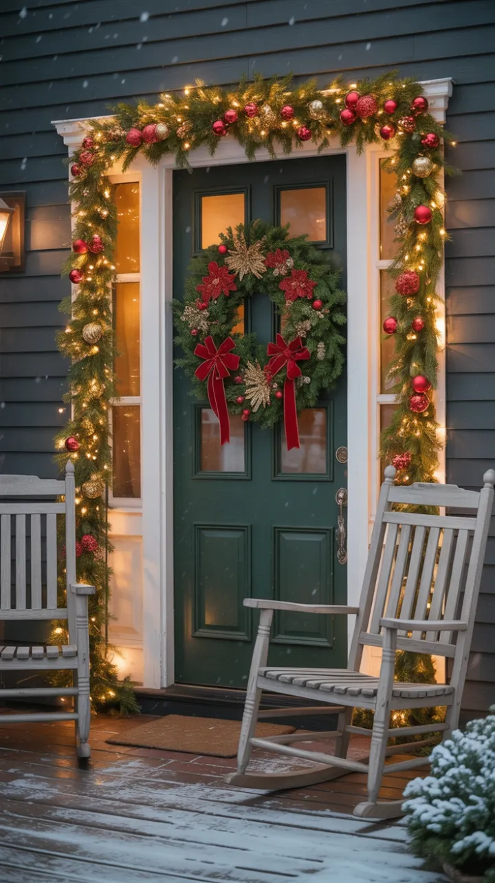 Snow-Kissed Porch Wrapped in Velvet Wreaths and Rocking-Chair Warmth