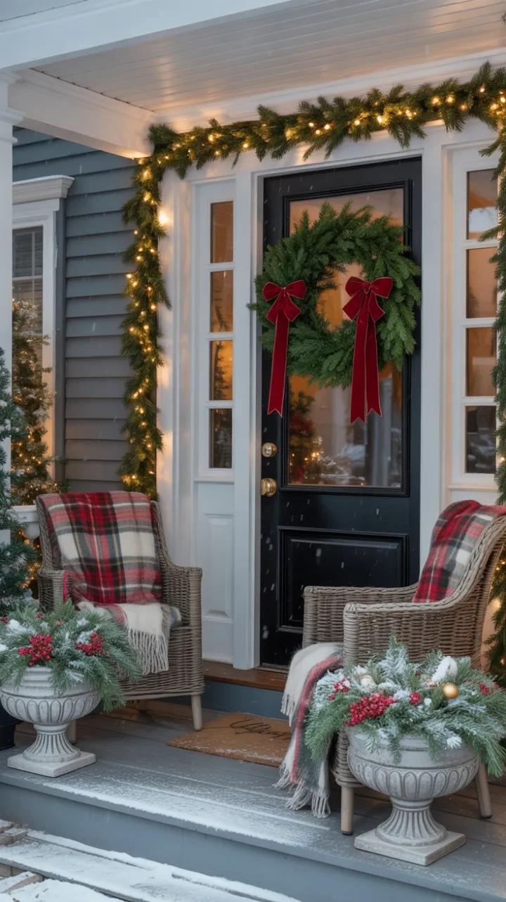 Snow-Kissed Christmas Porch Adorned with Velvet Bows and Twinkling Lights