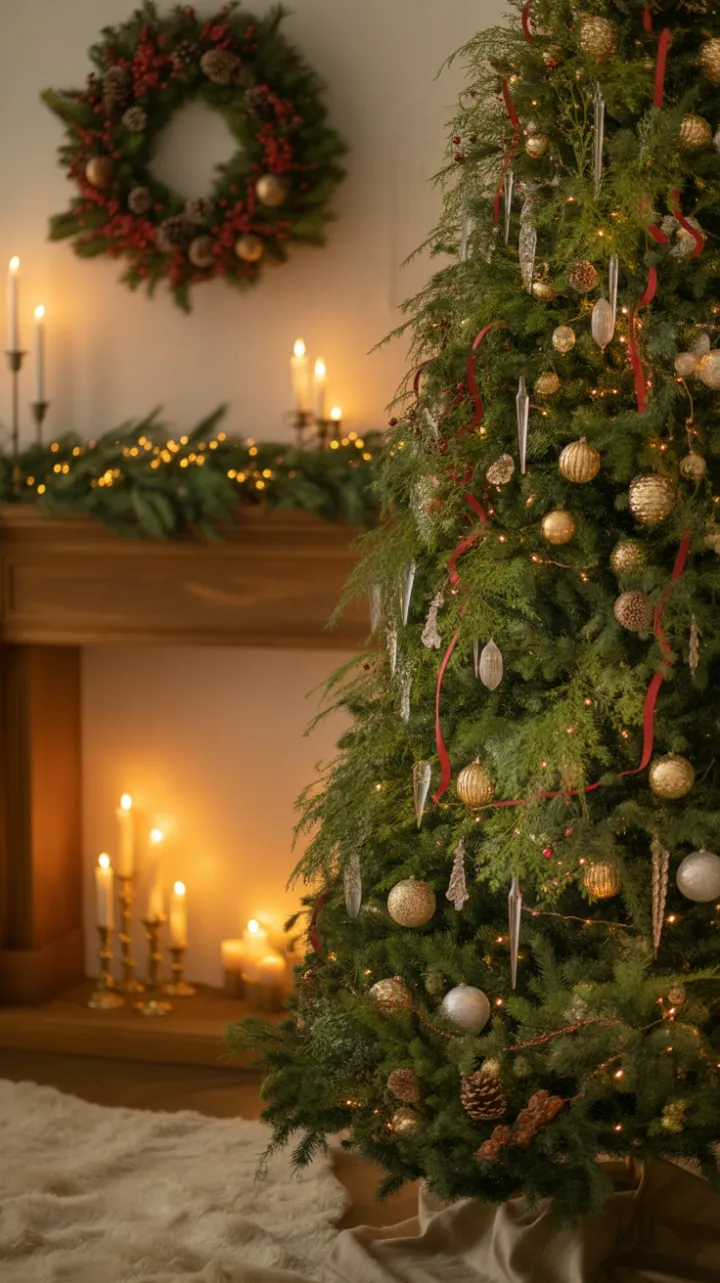Golden Evergreen and Candlelit Hearth of Holiday Tranquility