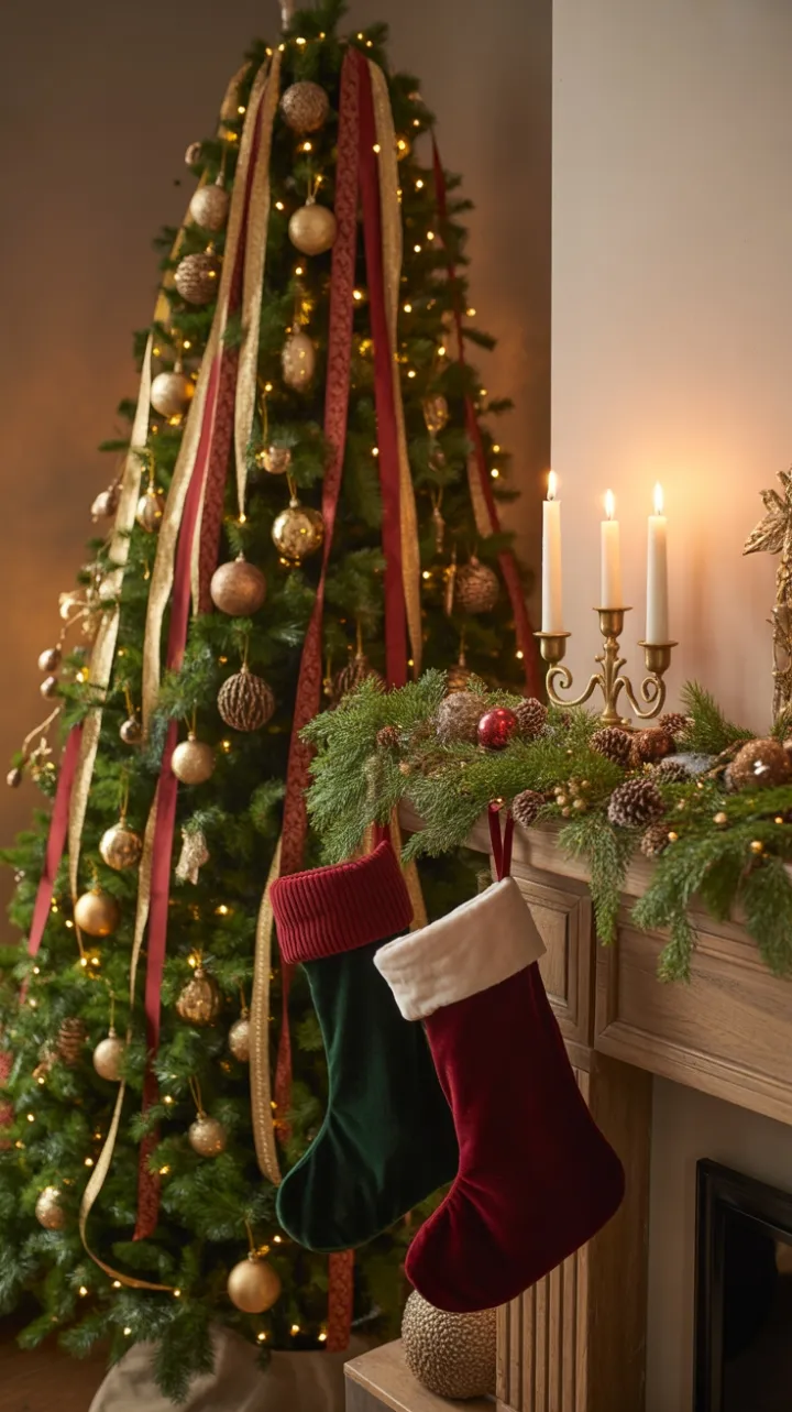 Golden-Glow Christmas Hearth with Velvet Stockings and Pine Garland