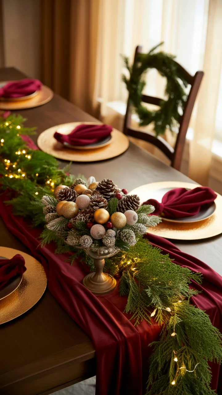 Classic Christmas Table in Burgundy Velvet and Golden Glow