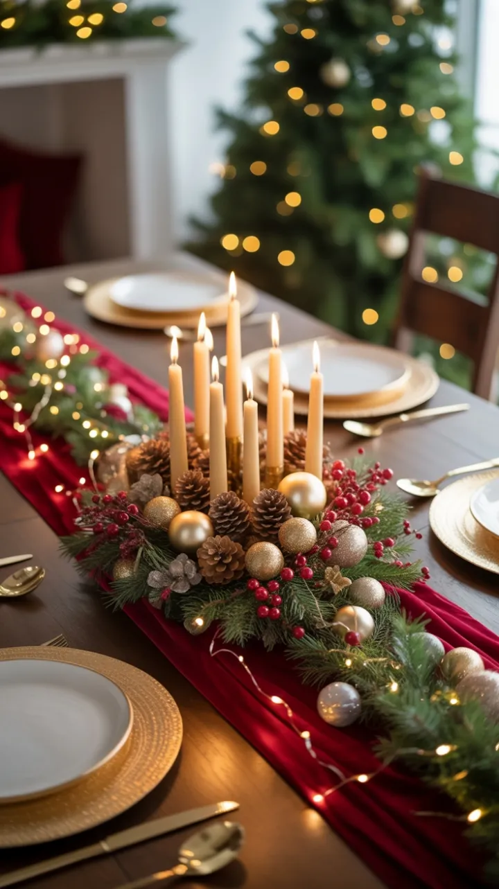 Ivory Candles Crimson Berries and Golden Sparkle at a Cozy Christmas Table