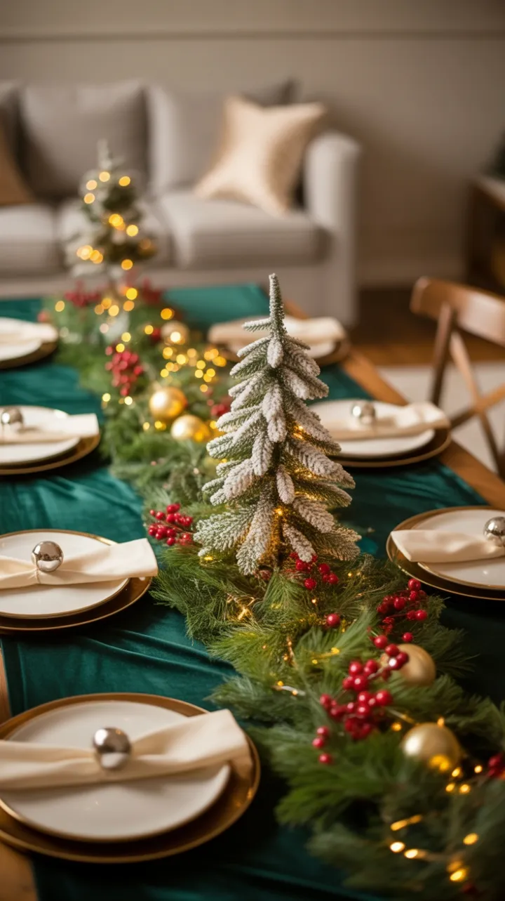 Twinkling Frosted-Tree Table Dressed in Velvet, Berries, and Silver Bells
