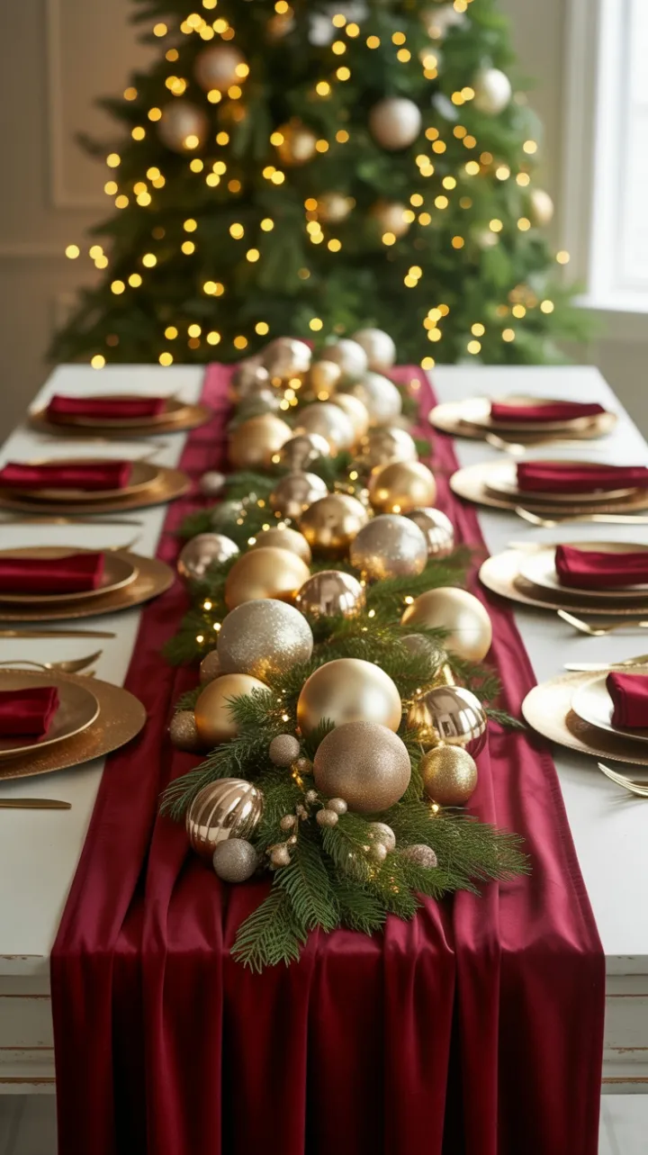 Gilded Christmas Table Dressed in Burgundy Velvet and Fairy Light Glow