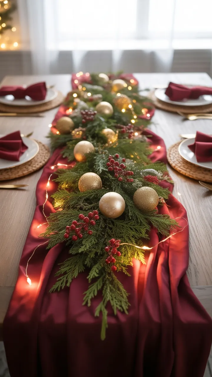 Warm Burgundy Holiday Table Adorned with Gold and Cranberry Garland