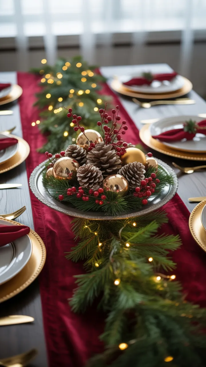 Crimson Velvet Holiday Table Draped in Gold and Light
