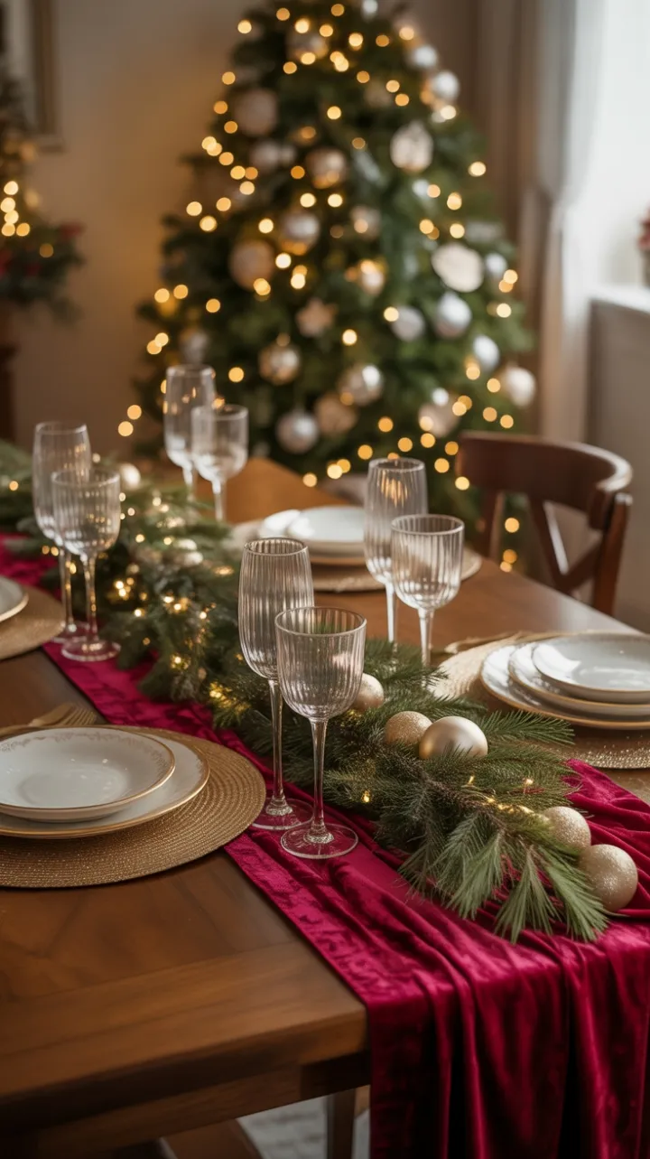 Velvet Christmas Table Adorned with Gold, Lights and Timeless Cheer