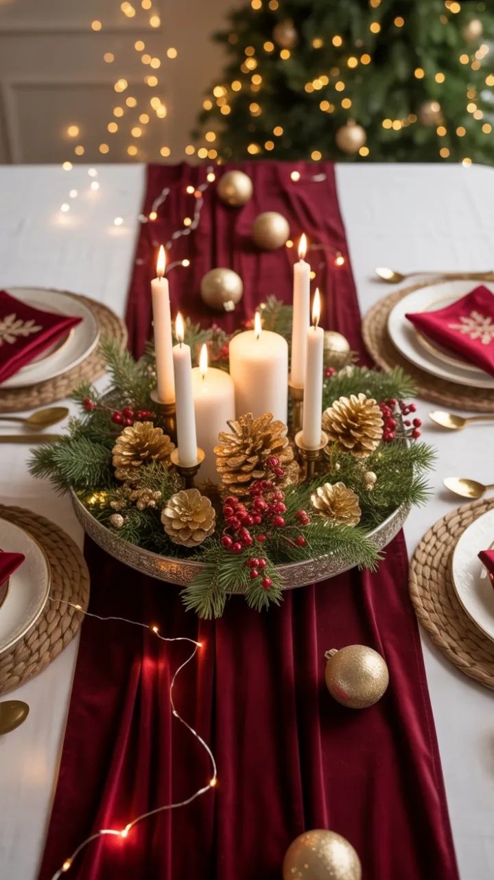 Burgundy Velvet Holiday Table with Gilded Pinecone Centerpiece and Candlelight