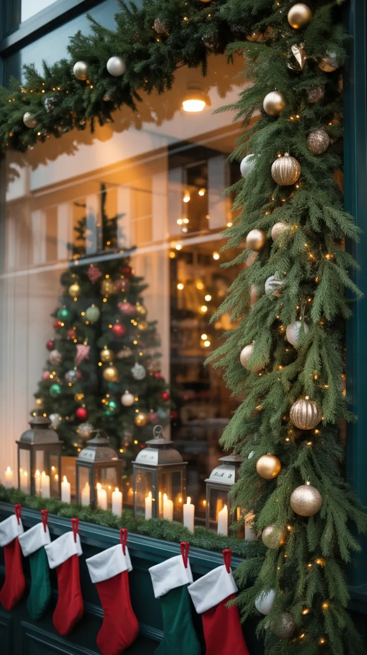 Candlelit Christmas Window Dressed in Emerald and Gold