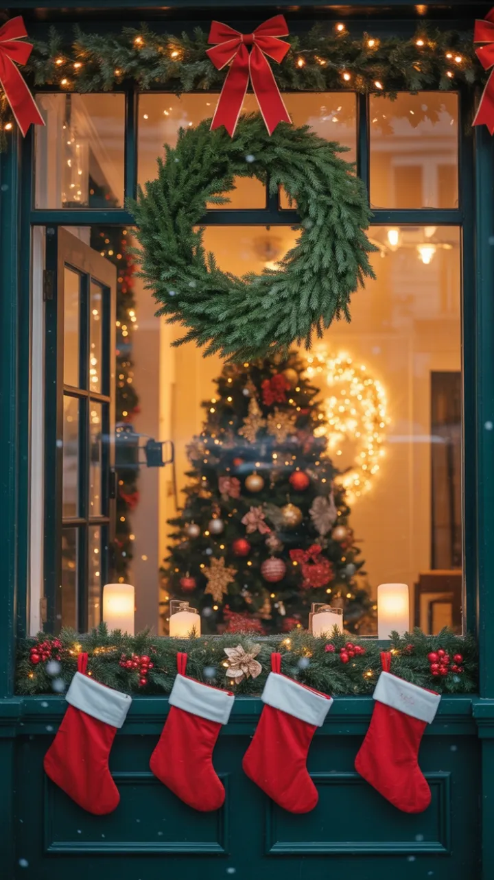 Snow-Kissed Holiday Window with Wreath, Twinkling Lights, and Cozy Stockings