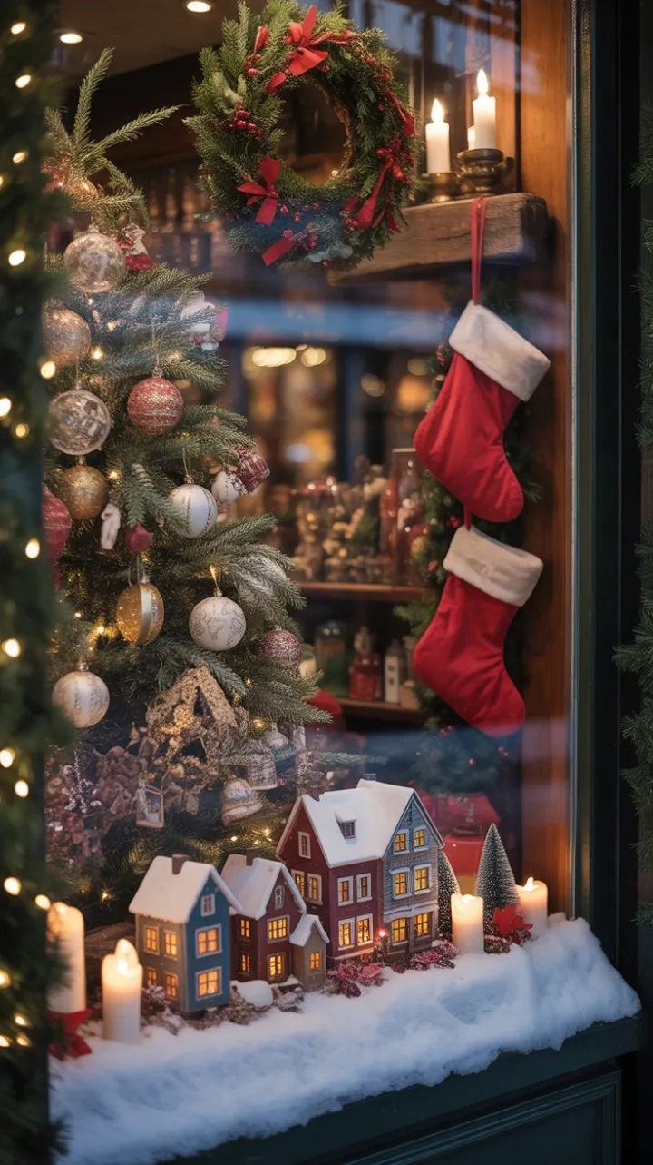 Candlelit Snow Village in a Vintage Christmas Window