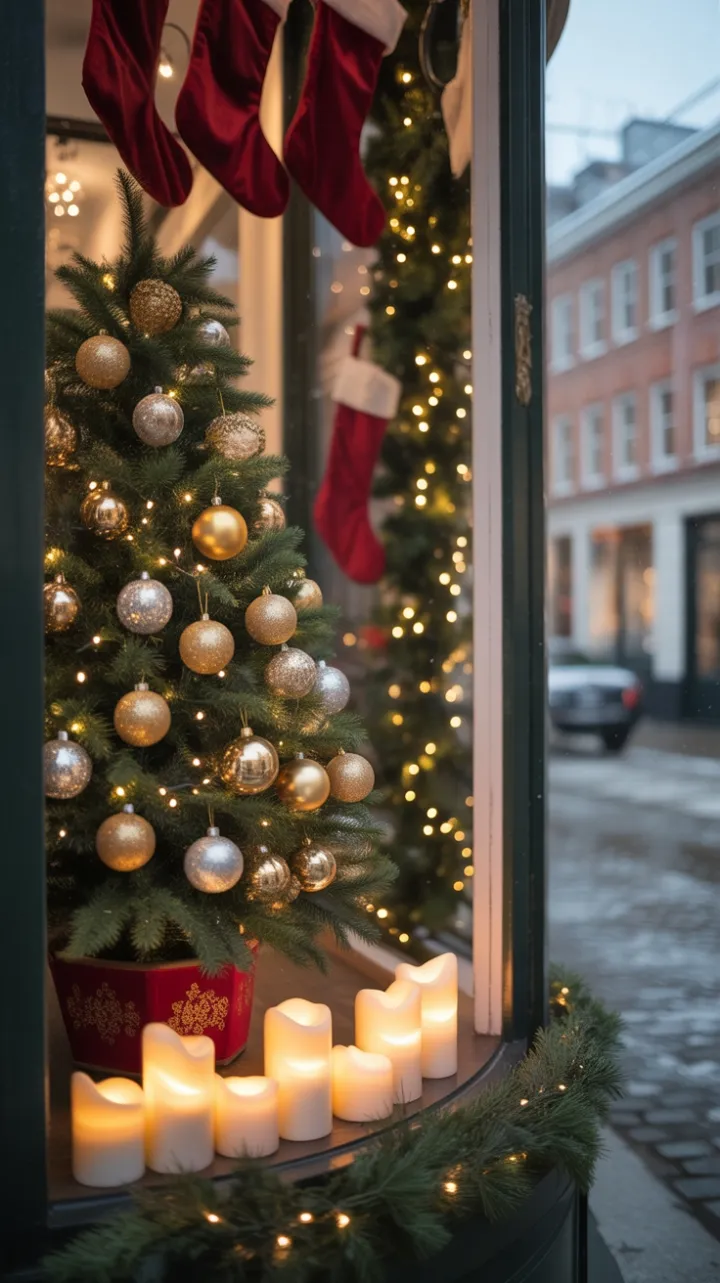 Candlelit Christmas Window on a Snowy Cobblestone Street