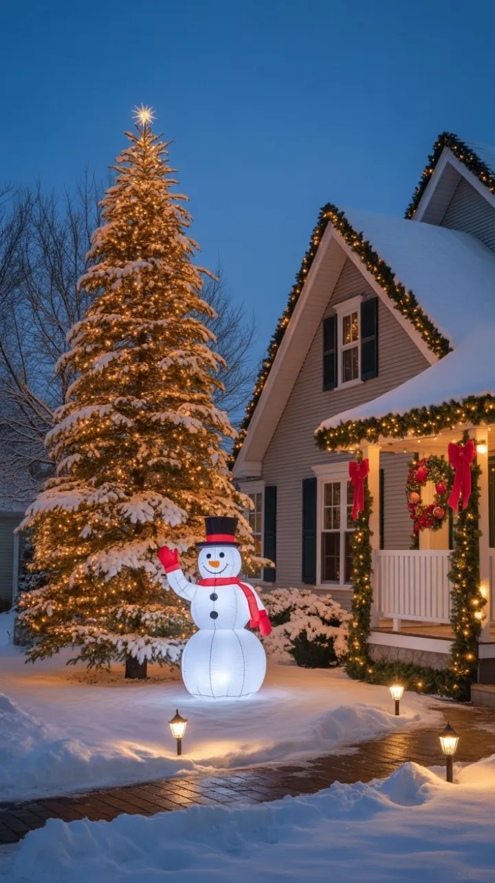 Snow-Kissed Holiday Haven Wrapped in Warm White Lights