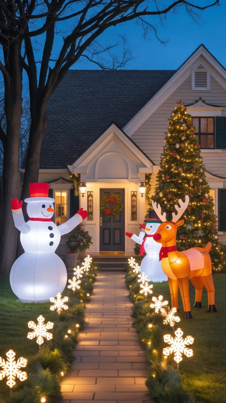 Cozy Holiday Welcome with Inflatable Snowmen, Reindeer and Twinkling Lights
