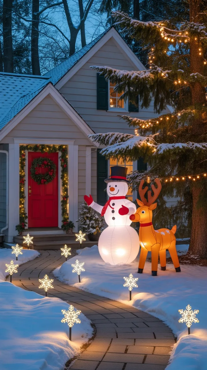 Snowflake-Lit Pathway to a Cozy Red-Door Holiday Welcome