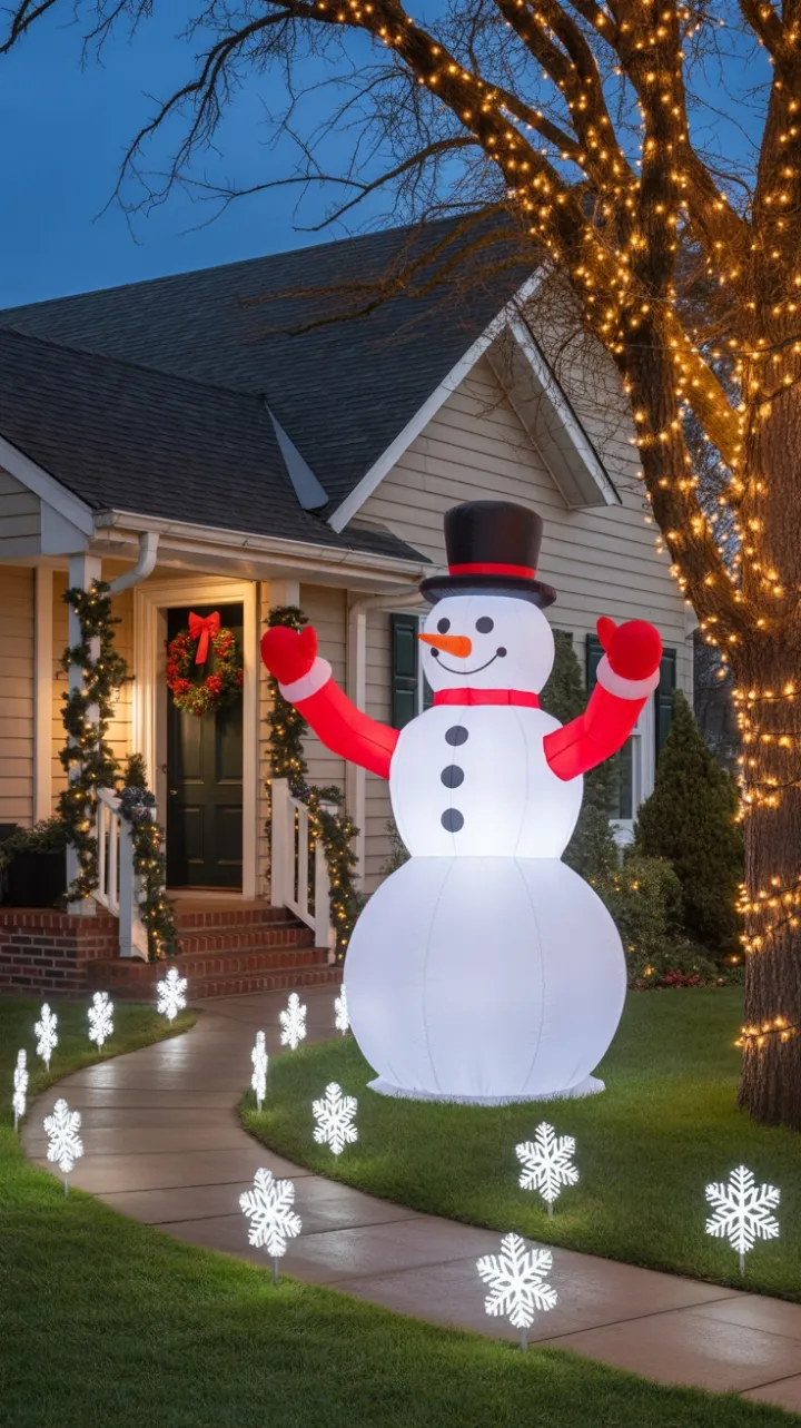 A Magical Holiday Welcome with Inflatable Snowman and Twinkling Lights