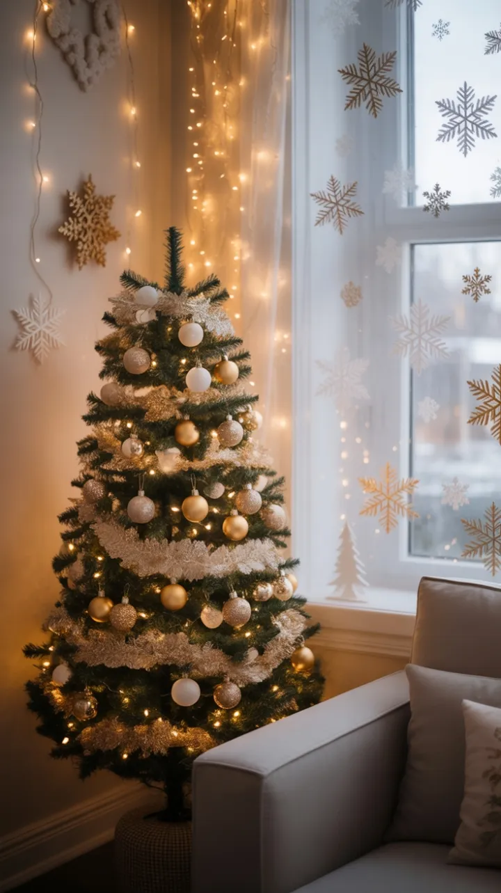 Cozy Corner Draped in Golden Christmas Light