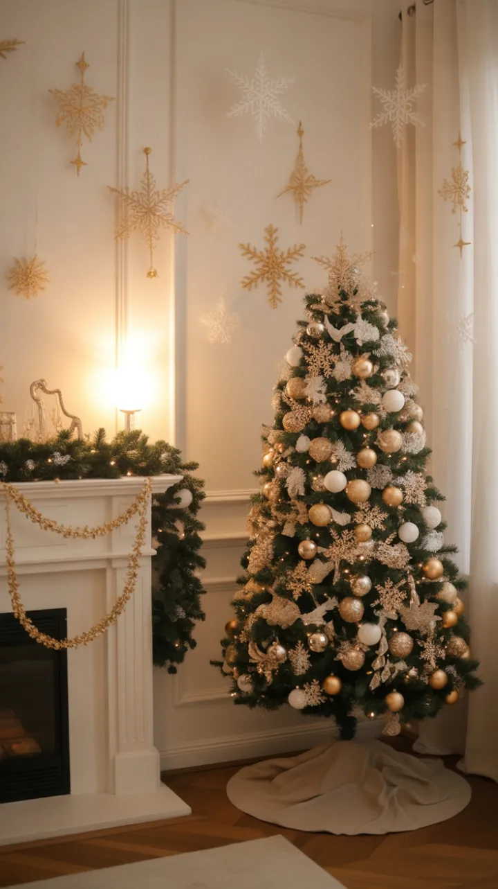 Elegant Christmas Living Room Bathed in Warm Golden Glow