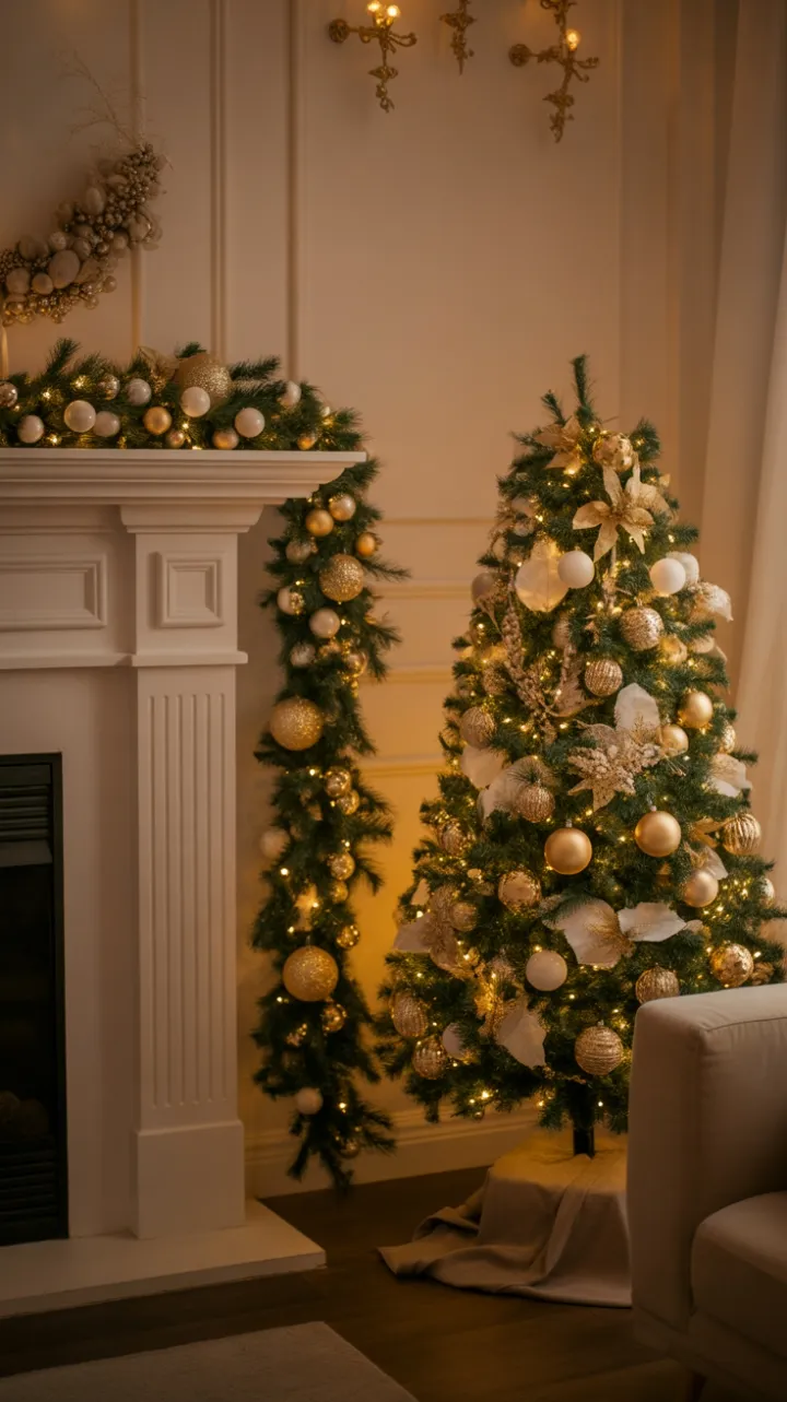 Cozy White and Gold Christmas Living Room