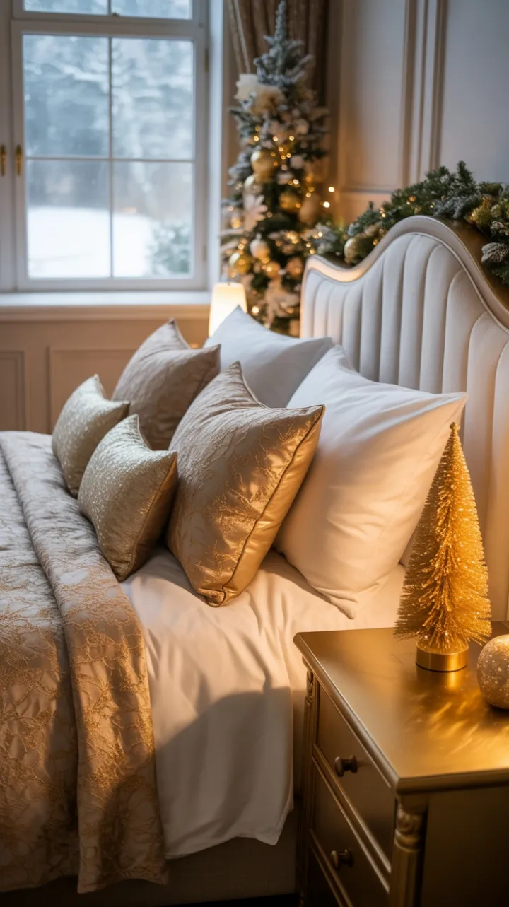 Gilded Winter Sanctuary – Luxurious Gold and White Christmas Bedroom