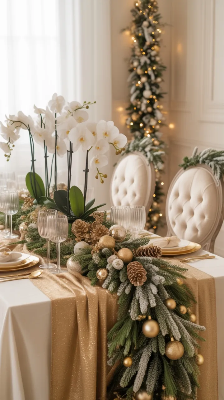 Lavish Gold and Orchid Christmas Tablescape