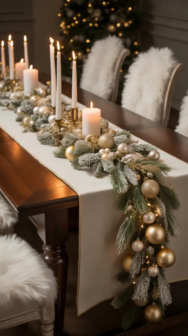 Gilded Christmas Table with Pearls and Frosted Pines