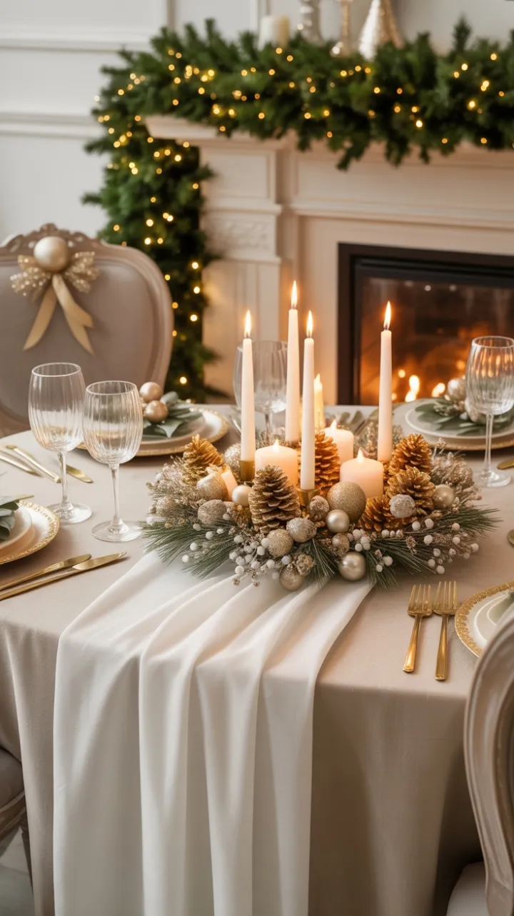 Gilded Christmas Table Bathed in Fireplace Glow