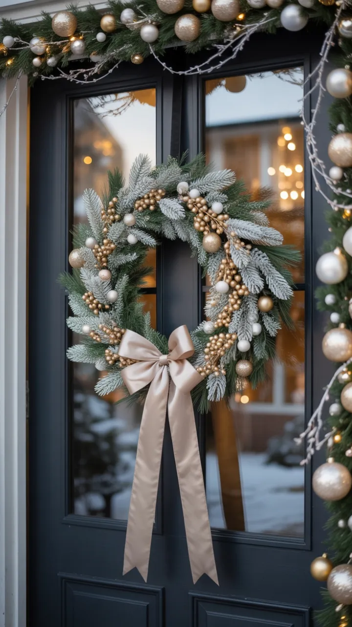 Champagne-Bow Wreath on a Snow-Kissed Door