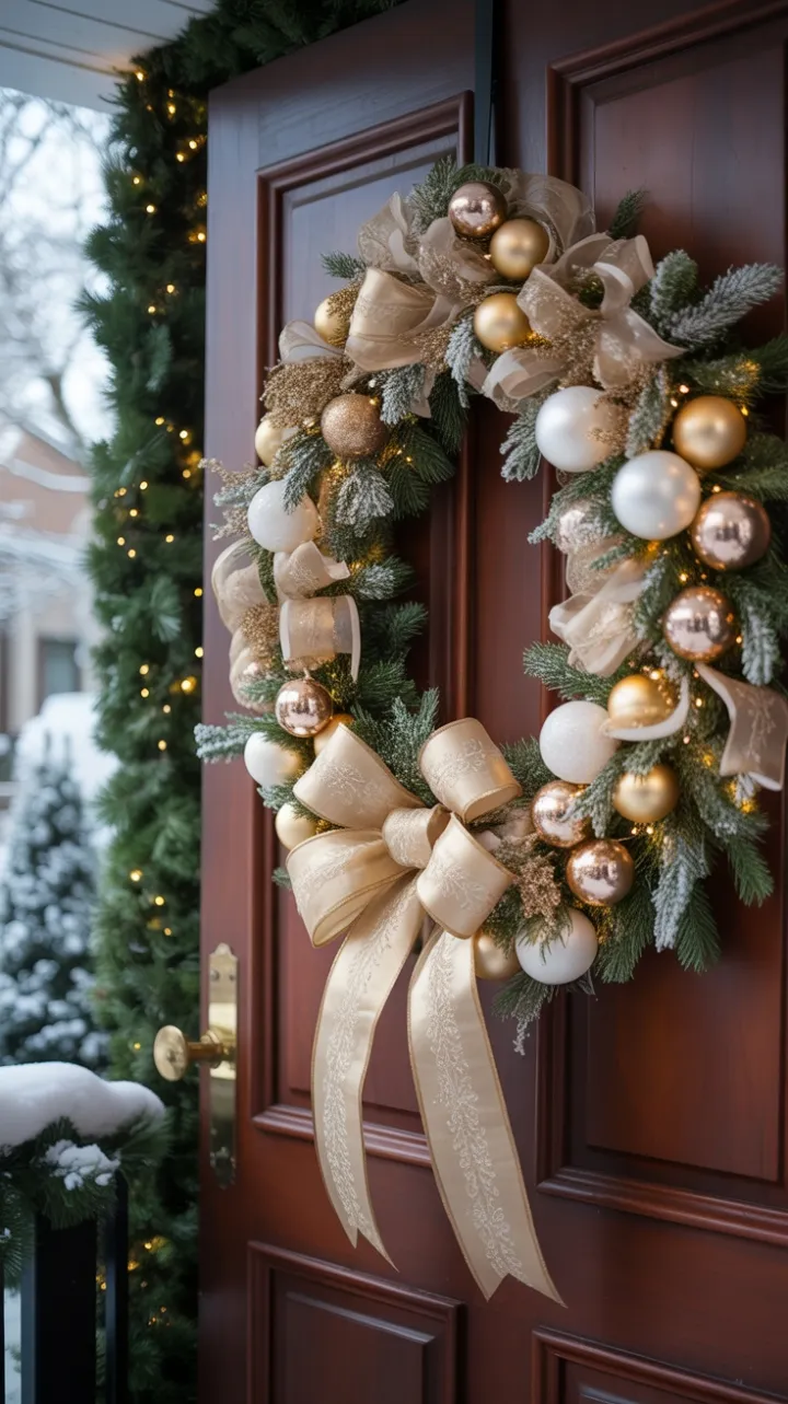 Mahogany Welcome with Golden Wreath and Satin Bow on a Snowy Christmas Porch