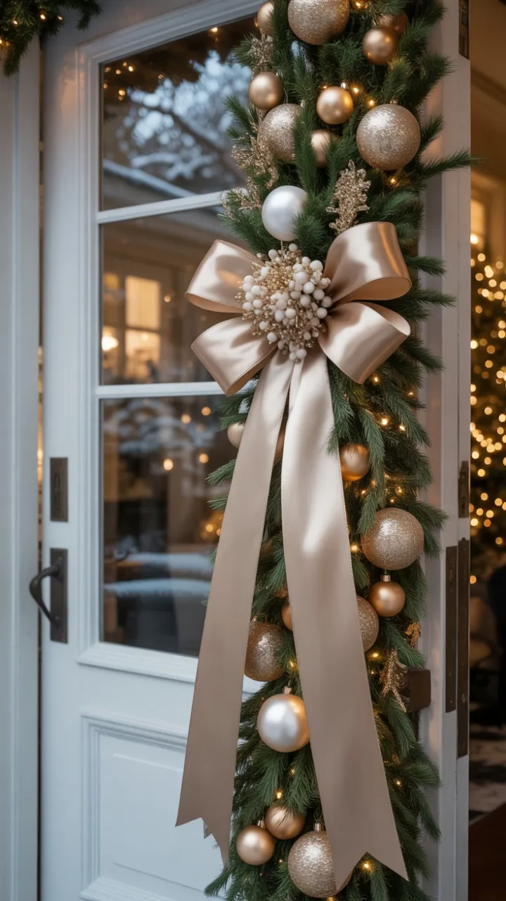 Snow-Kissed Welcome with Gold Ribbon and Pearled Ornaments