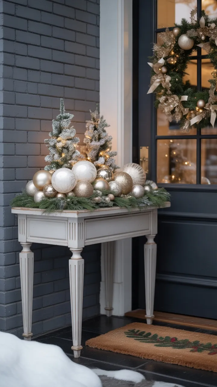 Snow-Kissed Entryway Dressed in White Gold and Evergreen