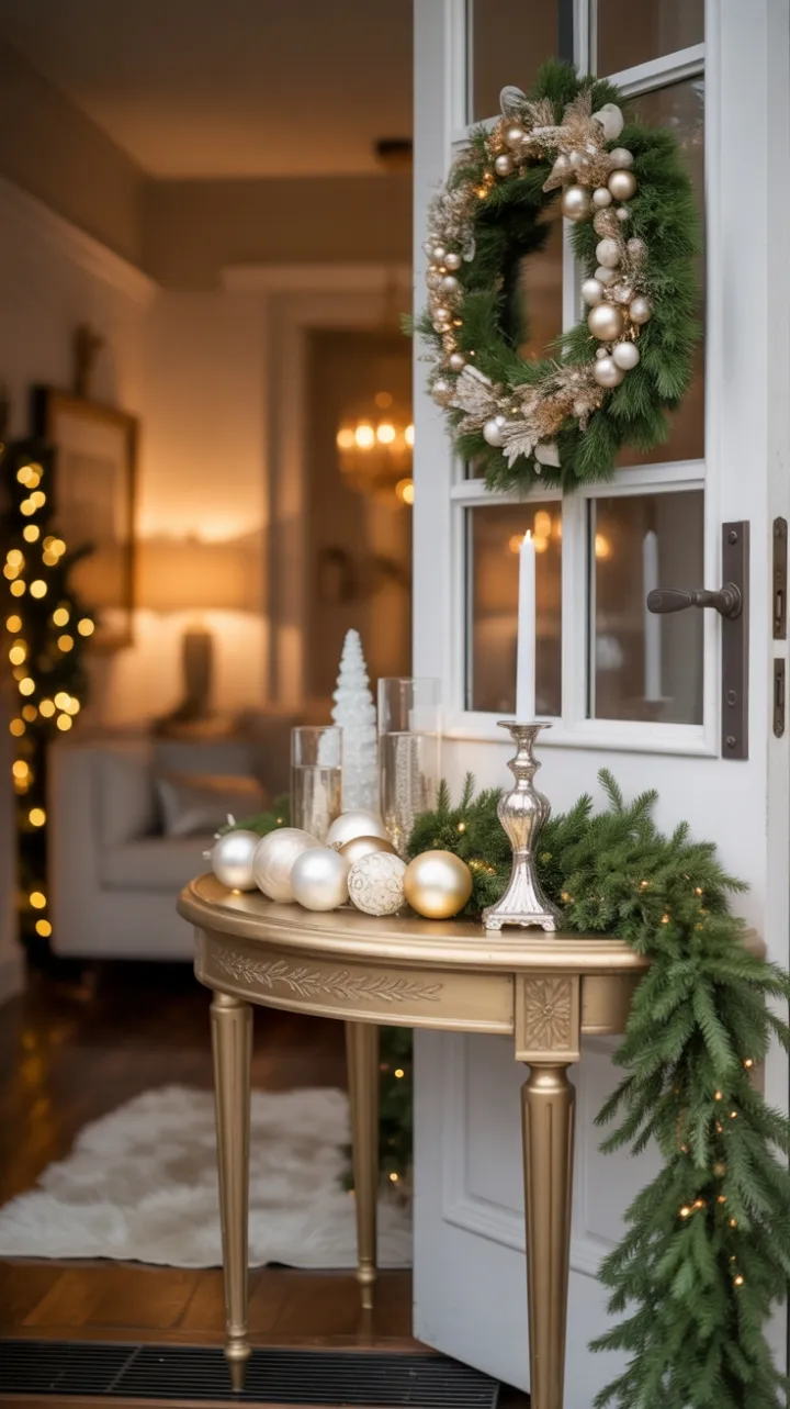 Gilded Welcome – Elegant Console Draped in Gold, White, and Warm Glow
