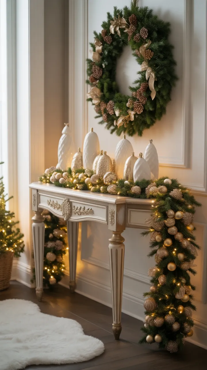 Elegant White-and-Gold Holiday Entryway with Shimmering Garland