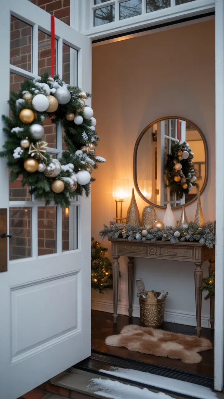 A Golden Welcome Through a Snow-Dusted Wreath