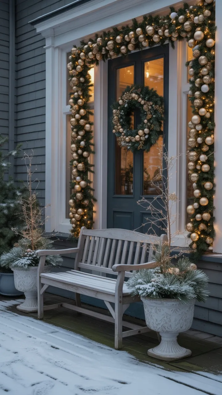Snow-Kissed Christmas Porch Bathed in Golden Light