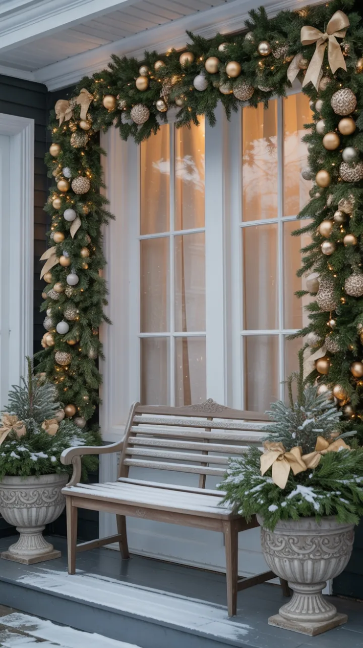 Snow-Kissed Bench and Golden Garland A Classic Christmas Welcome