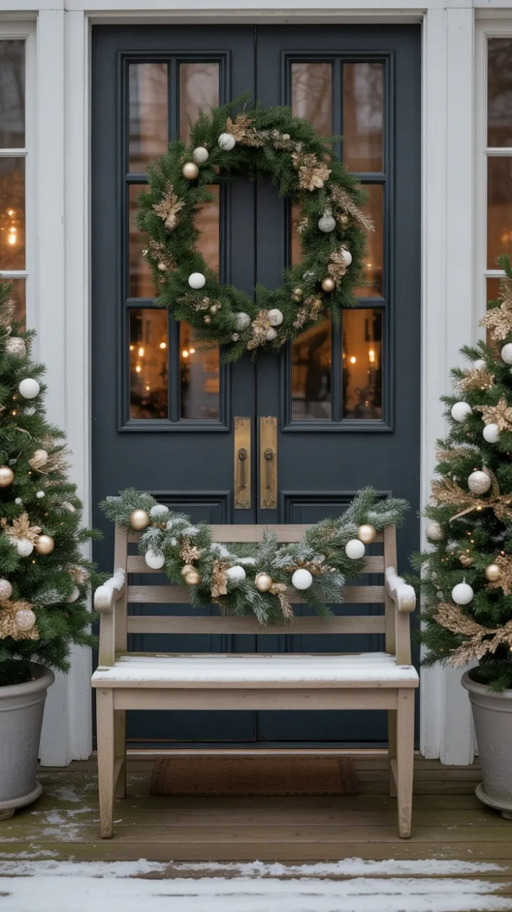 Snow-Kissed Porch Draped in Gold and White Holiday Glow