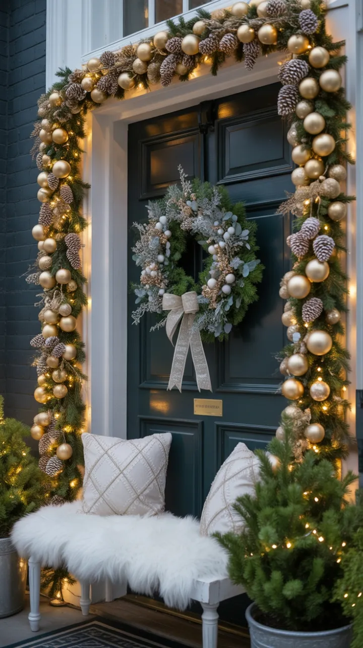 Dusk-Kissed Christmas Porch of Gold, Ivory, and Twinkling Light