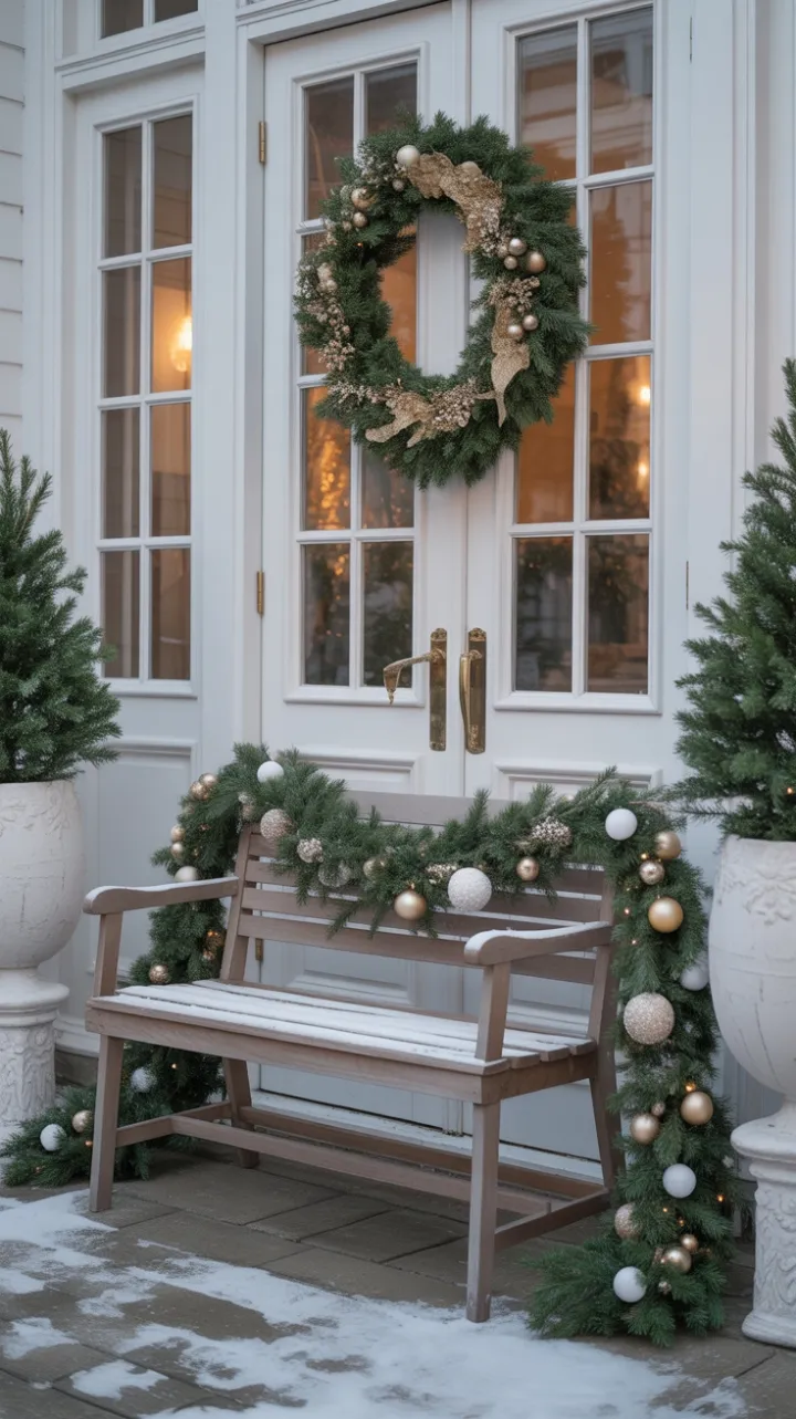 Snow-Kissed Holiday Porch Radiating Warmth and Gold