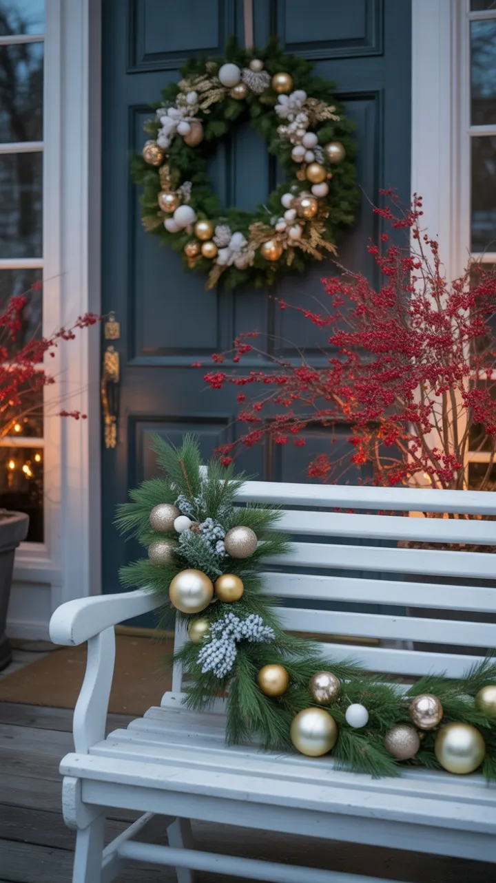 Timeless Christmas Porch with Golden Wreath and Winterberry Glow