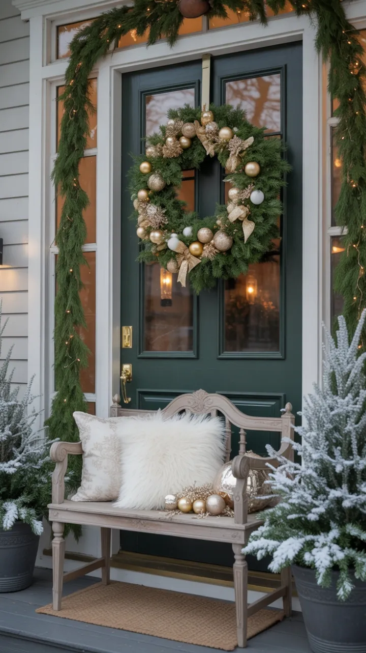 Classic Christmas Porch Dressed in Gold, White, and Warm Glow