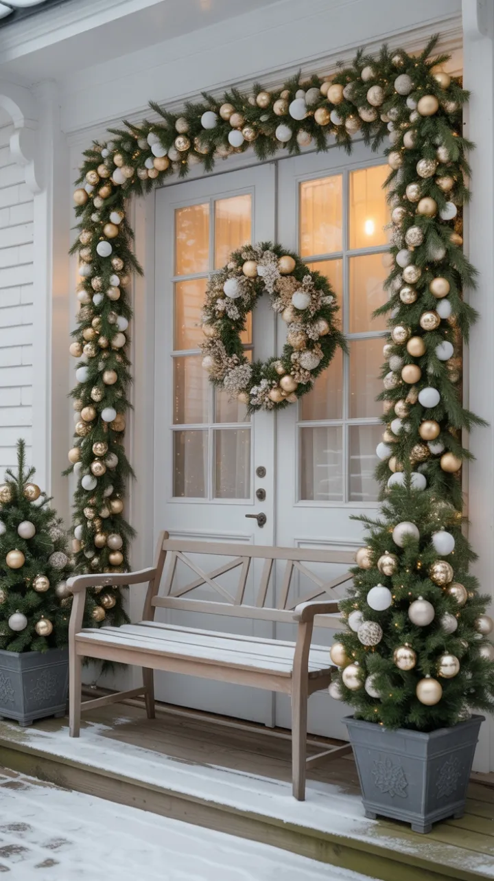 Gilded Winter Welcome on an Elegant Christmas Porch
